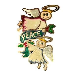Christmas Brooch Pin Angels Peace Gold Tone Holiday Xmas Vintage Peace Holly